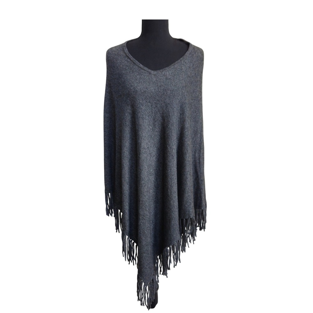Pulvermacher Designs Wool Poncho Womens OS Grey Fringe V-Neck Asymmetrical EUC